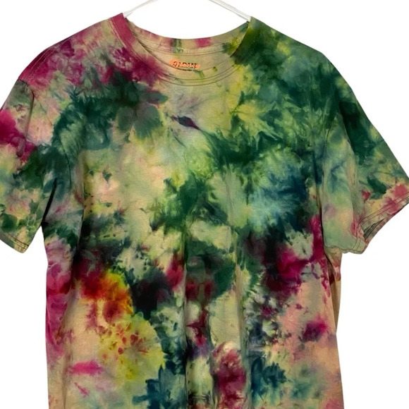 Handmade Tie Dye Tee T-Shirt Mens XL Unisex Scrunch Dye Green Pink Crewneck - Picture 3 of 8
